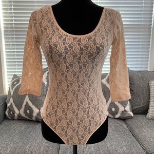Peachy Pink Lace Leotard Bodysuit